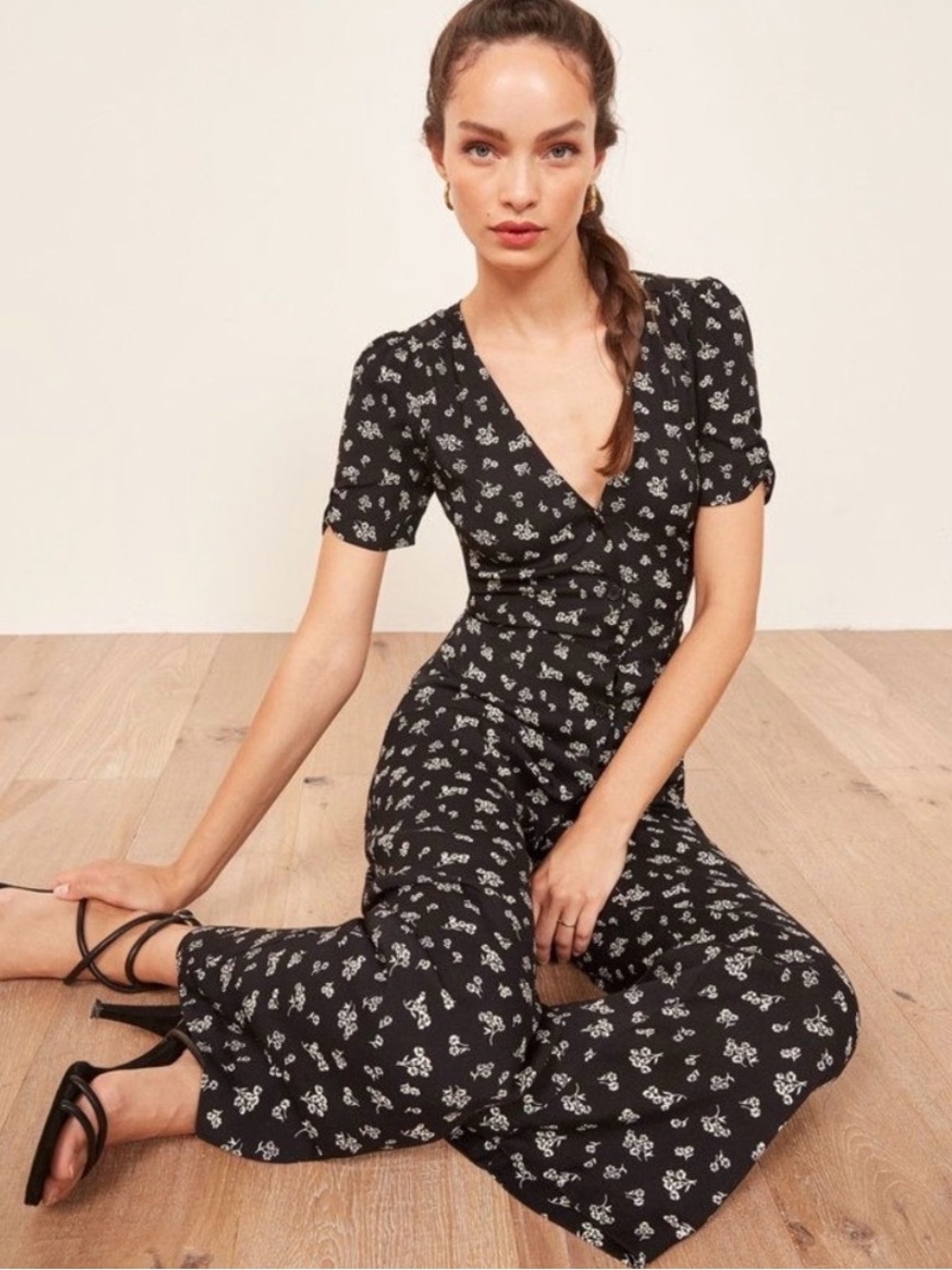 Reformation France Black Floral V-Neck Button Jumpsuit Size 2